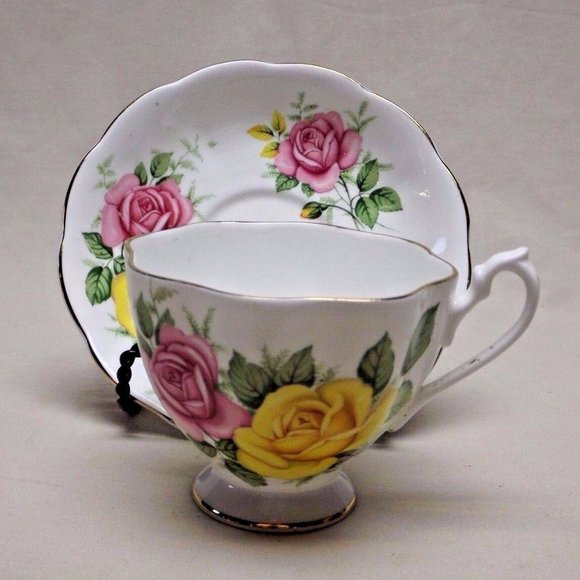 Queen Anne Fine Bone China England Yellow and Pink Roses Tea Cup and Saucer - Picture 5 of 13